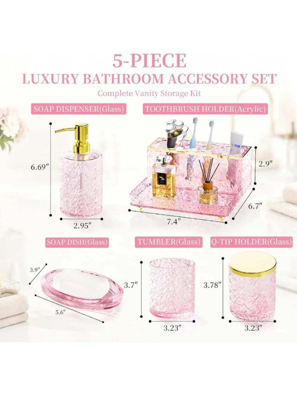 Chic Pink Bathroom Accessories Set, 5-Piece Glass & Acrylic Decor for Sink